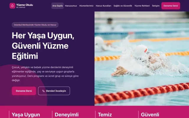 Yüzme Okulu ve Havuz için Blok Mor Pembe – Yüzme Okulu ve Havuz Web Sitesi ana sayfa görünümü
