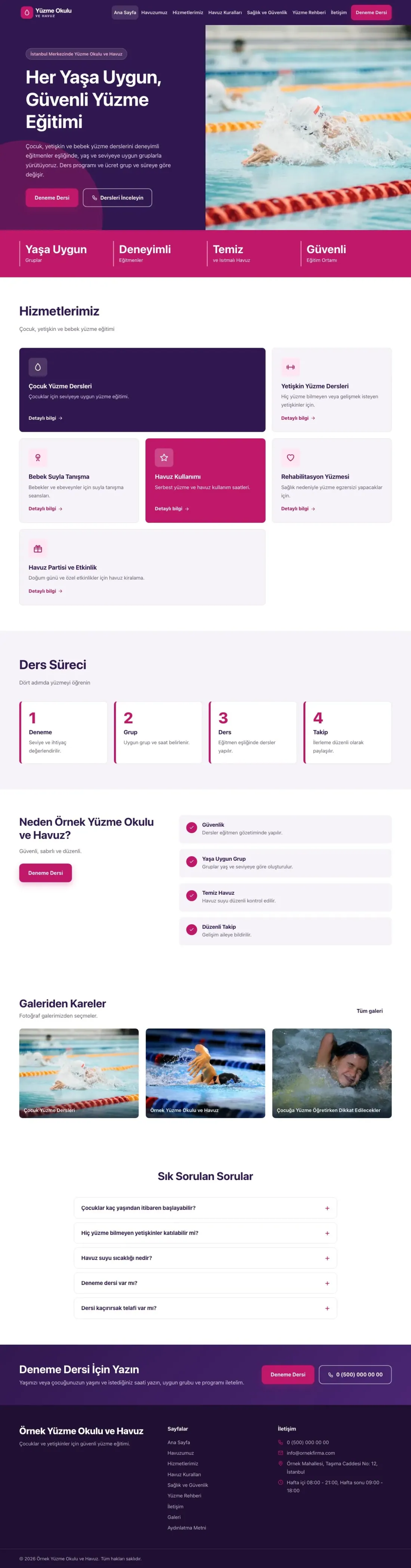 Yüzme Okulu ve Havuz için Blok Mor Pembe – Yüzme Okulu ve Havuz Web Sitesi ana sayfa görünümü