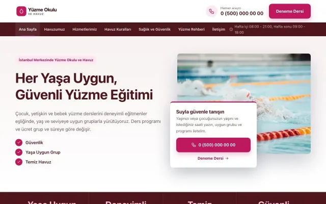 Yüzme Okulu ve Havuz için Bölünmüş Bordo Pembe – Yüzme Okulu ve Havuz Web Sitesi ana sayfa görünümü