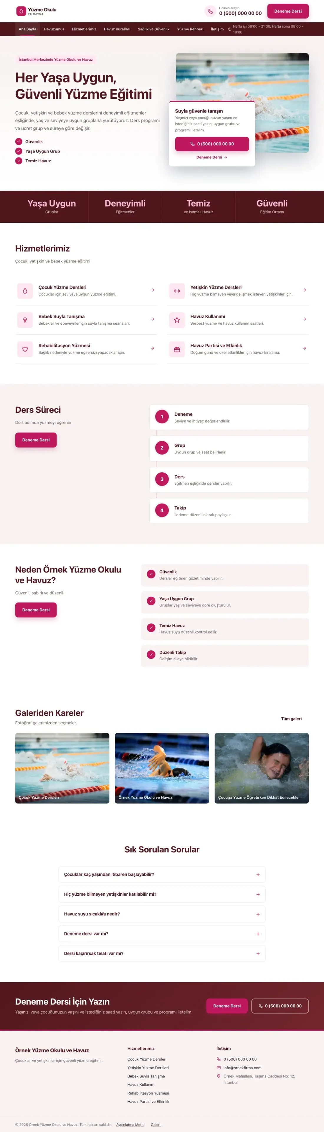 Yüzme Okulu ve Havuz için Bölünmüş Bordo Pembe – Yüzme Okulu ve Havuz Web Sitesi ana sayfa görünümü