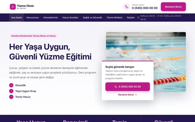 Yüzme Okulu ve Havuz için Bölünmüş Lacivert Pembe – Yüzme Okulu ve Havuz Web Sitesi ana sayfa görünümü