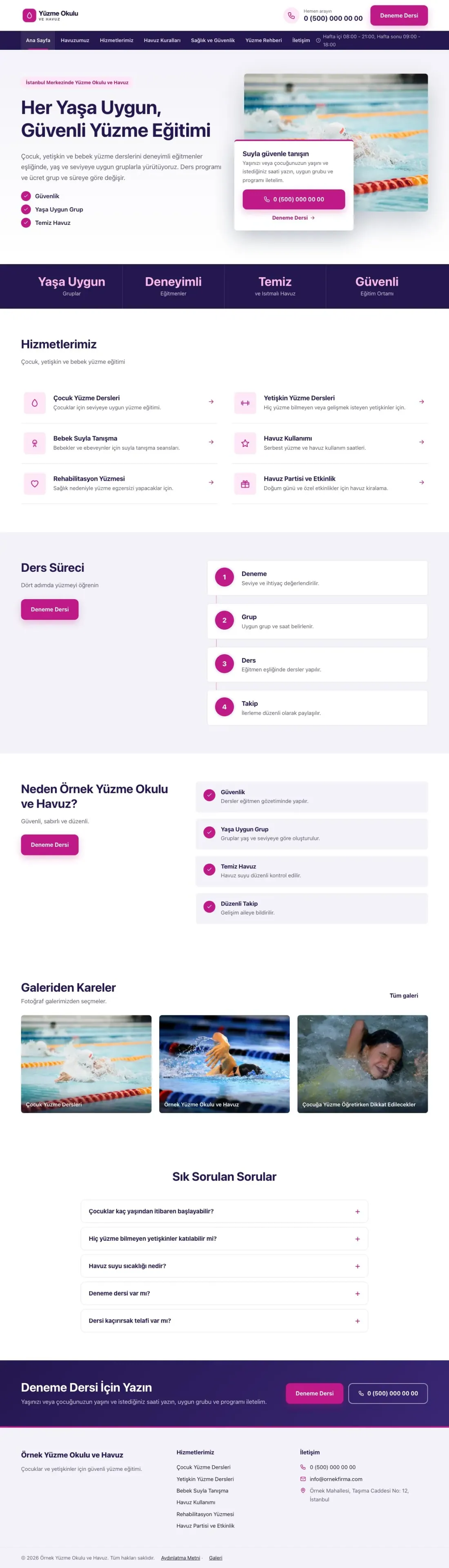 Yüzme Okulu ve Havuz için Bölünmüş Lacivert Pembe – Yüzme Okulu ve Havuz Web Sitesi ana sayfa görünümü