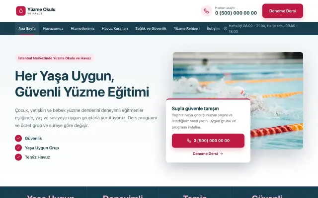 Yüzme Okulu ve Havuz için Bölünmüş Mavi Kırmızı – Yüzme Okulu ve Havuz Web Sitesi ana sayfa görünümü