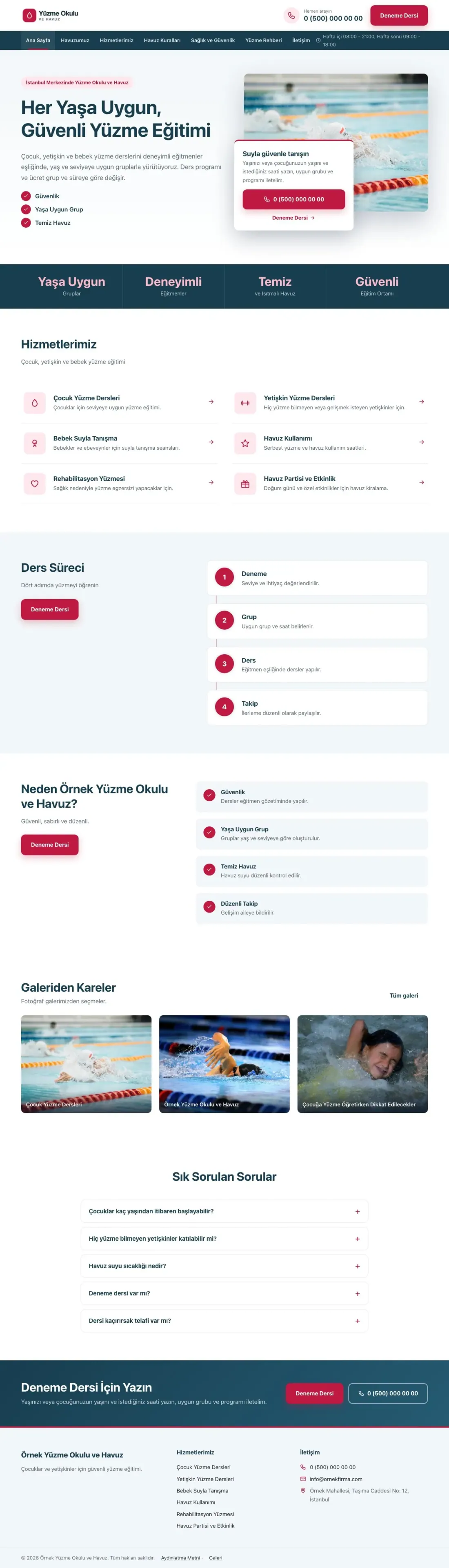 Yüzme Okulu ve Havuz için Bölünmüş Mavi Kırmızı – Yüzme Okulu ve Havuz Web Sitesi ana sayfa görünümü