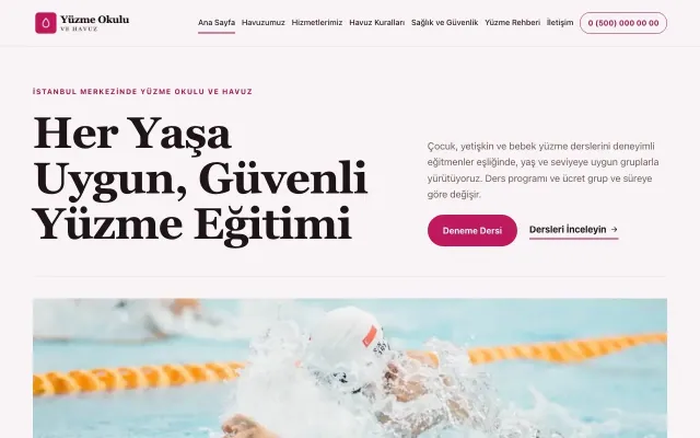 Yüzme Okulu ve Havuz için Dergi Editoryal Bordo Pembe – Yüzme Okulu ve Havuz Web Sitesi ana sayfa görünümü