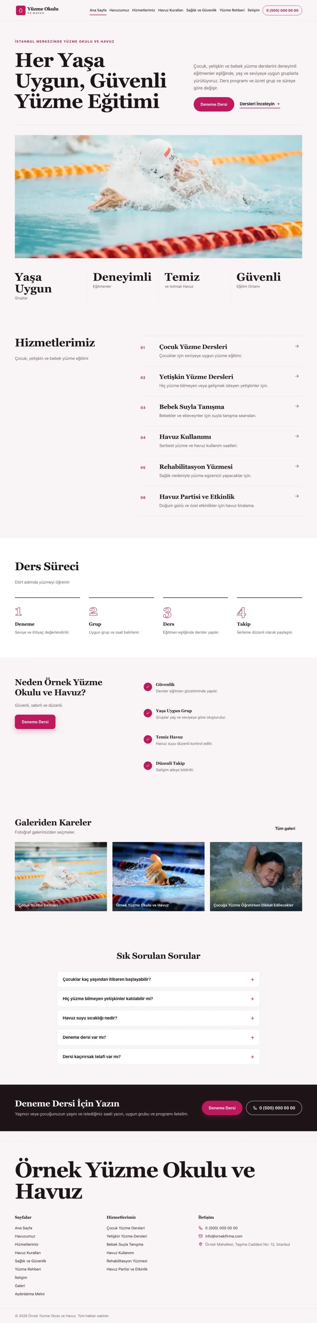 Yüzme Okulu ve Havuz için Dergi Editoryal Bordo Pembe – Yüzme Okulu ve Havuz Web Sitesi ana sayfa görünümü