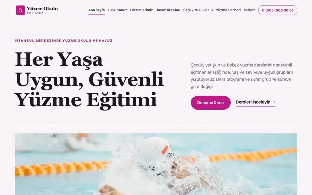 Yüzme Okulu ve Havuz için Dergi Editoryal Erik Pembe – Yüzme Okulu ve Havuz Web Sitesi ana sayfa görünümü