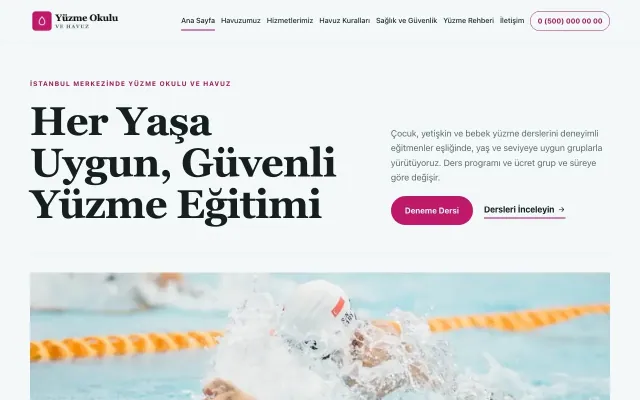 Yüzme Okulu ve Havuz için Dergi Editoryal Petrol Pembe – Yüzme Okulu ve Havuz Web Sitesi ana sayfa görünümü
