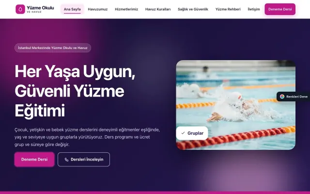 Yüzme Okulu ve Havuz için Hareketli Lacivert Pembe – Yüzme Okulu ve Havuz Web Sitesi ana sayfa görünümü