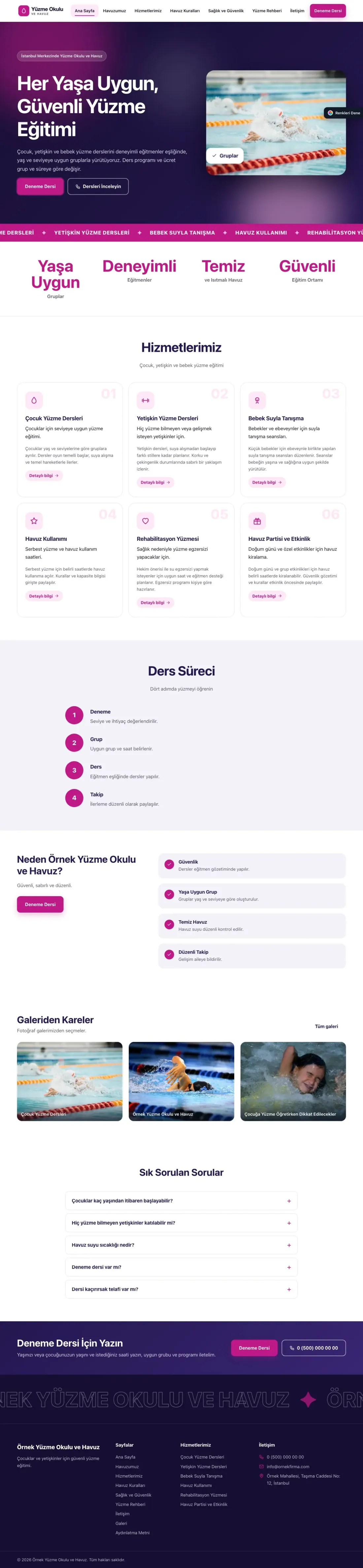 Yüzme Okulu ve Havuz için Hareketli Lacivert Pembe – Yüzme Okulu ve Havuz Web Sitesi ana sayfa görünümü