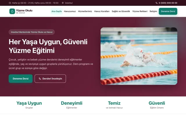 Yüzme Okulu ve Havuz için Klasik Bordo Turkuaz – Yüzme Okulu ve Havuz Web Sitesi ana sayfa görünümü