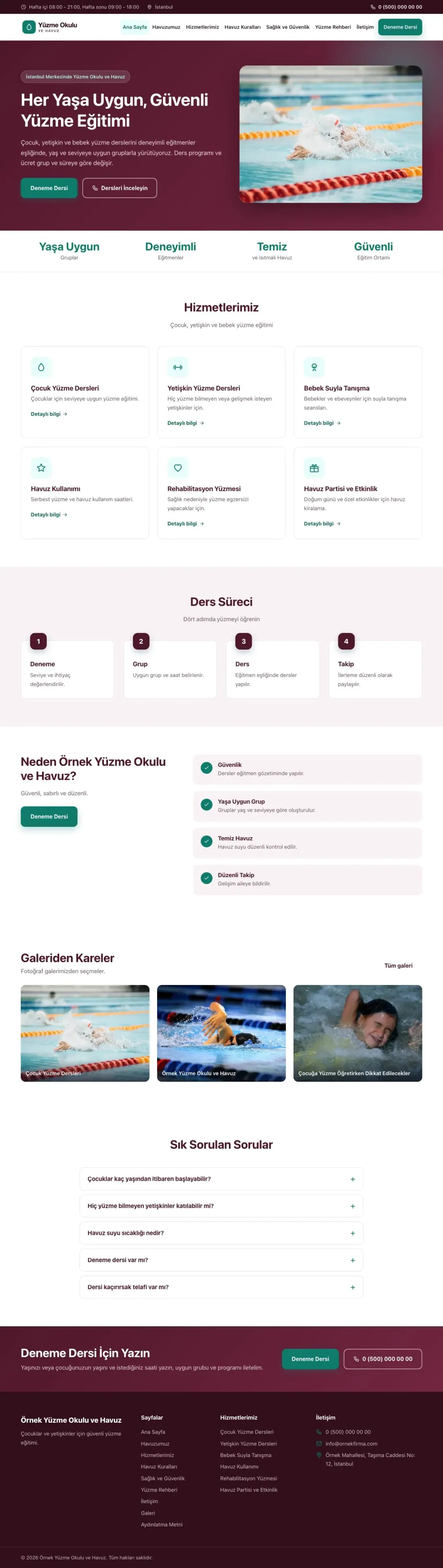 Yüzme Okulu ve Havuz için Klasik Bordo Turkuaz – Yüzme Okulu ve Havuz Web Sitesi ana sayfa görünümü