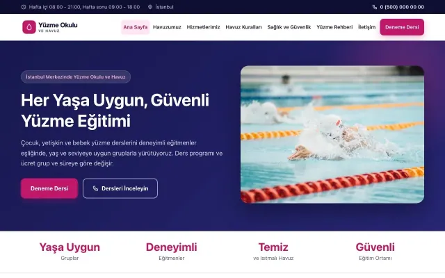 Yüzme Okulu ve Havuz için Klasik Lacivert Pembe – Yüzme Okulu ve Havuz Web Sitesi ana sayfa görünümü