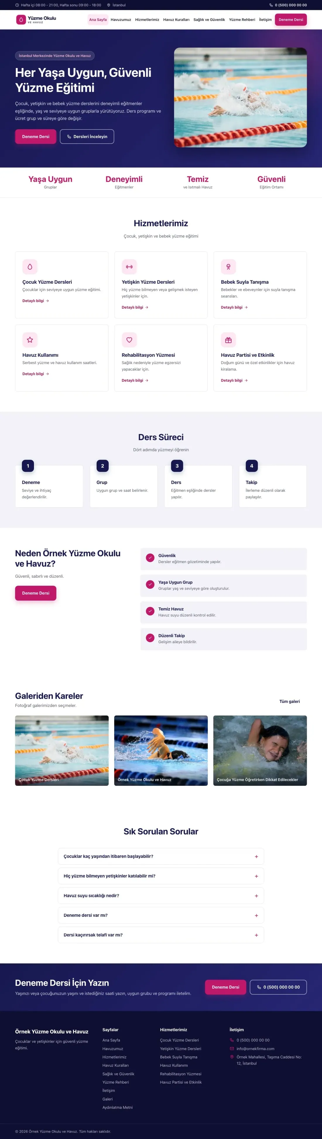 Yüzme Okulu ve Havuz için Klasik Lacivert Pembe – Yüzme Okulu ve Havuz Web Sitesi ana sayfa görünümü