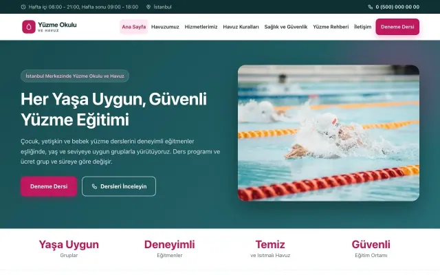 Yüzme Okulu ve Havuz için Klasik Petrol Pembe – Yüzme Okulu ve Havuz Web Sitesi ana sayfa görünümü