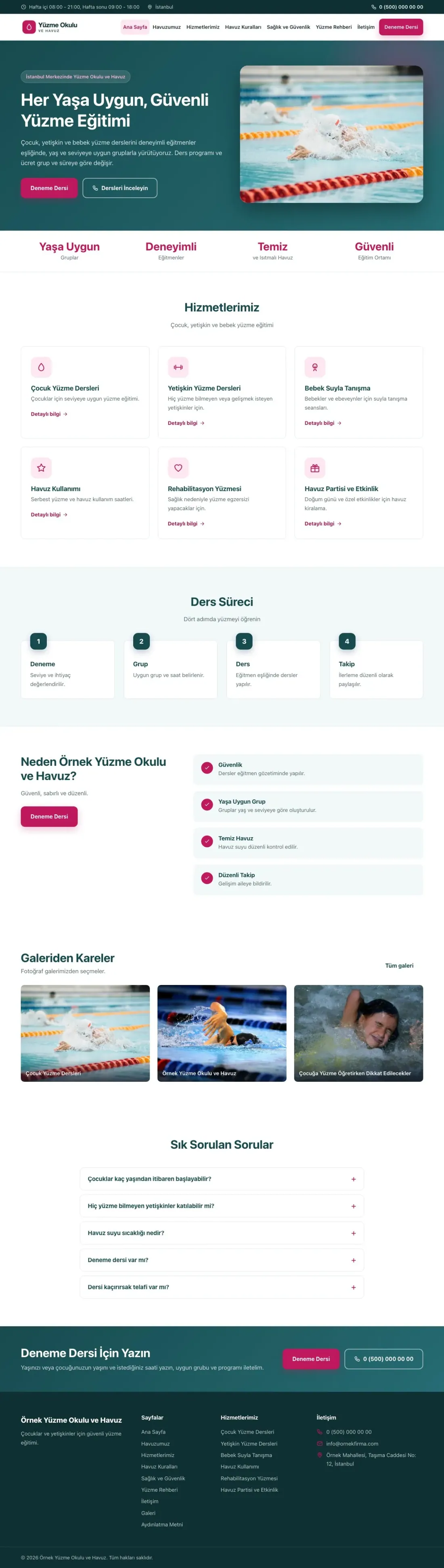 Yüzme Okulu ve Havuz için Klasik Petrol Pembe – Yüzme Okulu ve Havuz Web Sitesi ana sayfa görünümü