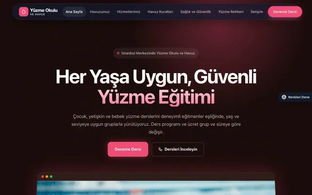Yüzme Okulu ve Havuz için Koyu Modern Bordo Kırmızı – Yüzme Okulu ve Havuz Web Sitesi ana sayfa görünümü