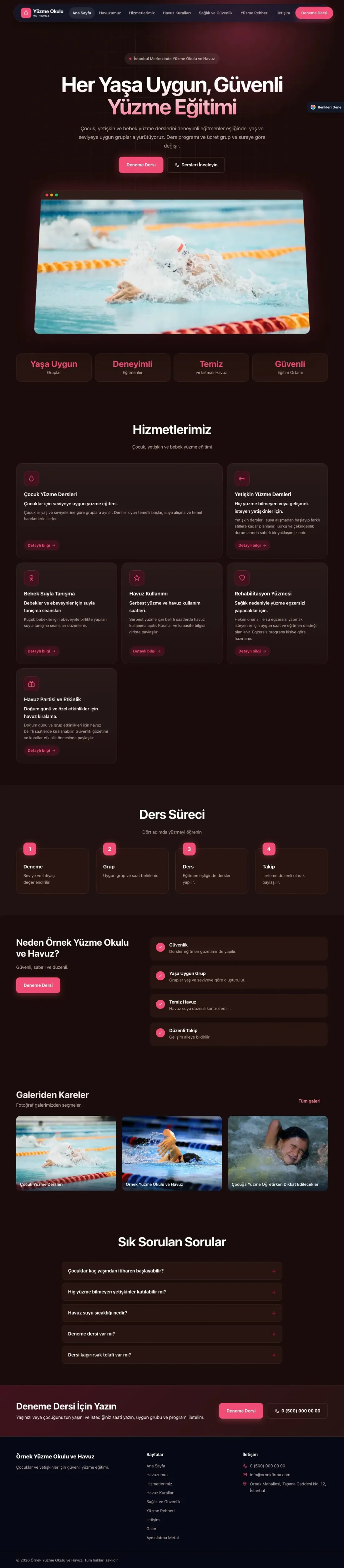 Yüzme Okulu ve Havuz için Koyu Modern Bordo Kırmızı – Yüzme Okulu ve Havuz Web Sitesi ana sayfa görünümü