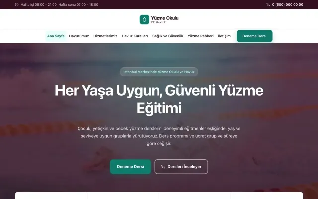 Yüzme Okulu ve Havuz için Merkez Erik Turkuaz – Yüzme Okulu ve Havuz Web Sitesi ana sayfa görünümü