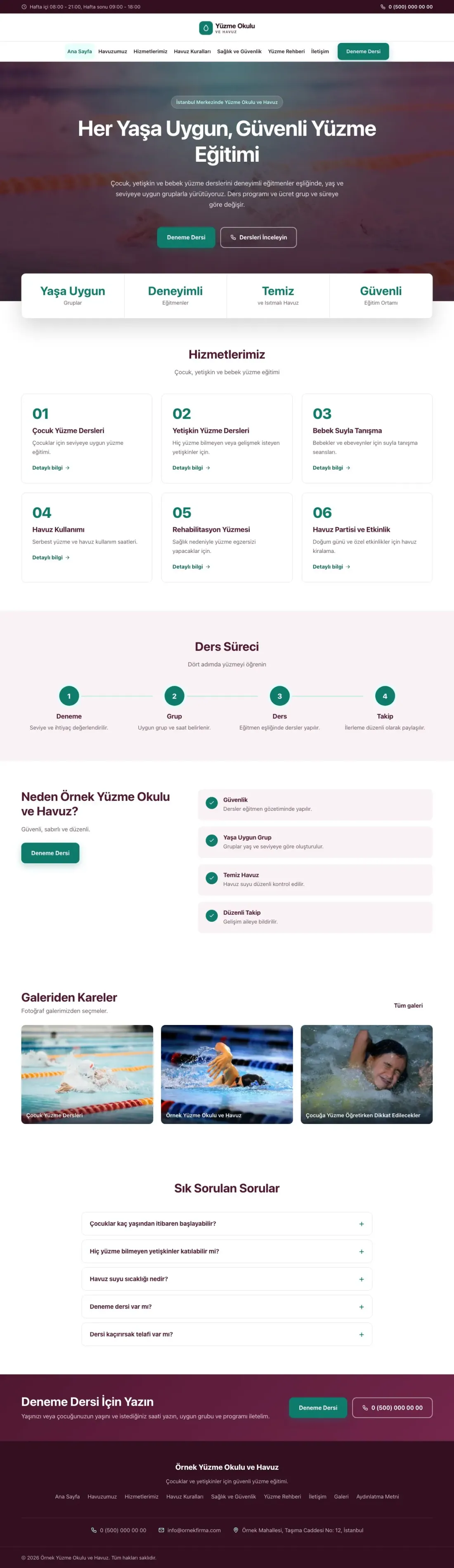 Yüzme Okulu ve Havuz için Merkez Erik Turkuaz – Yüzme Okulu ve Havuz Web Sitesi ana sayfa görünümü