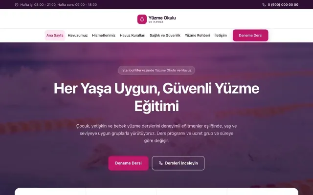 Yüzme Okulu ve Havuz için Merkez Mor Pembe – Yüzme Okulu ve Havuz Web Sitesi ana sayfa görünümü