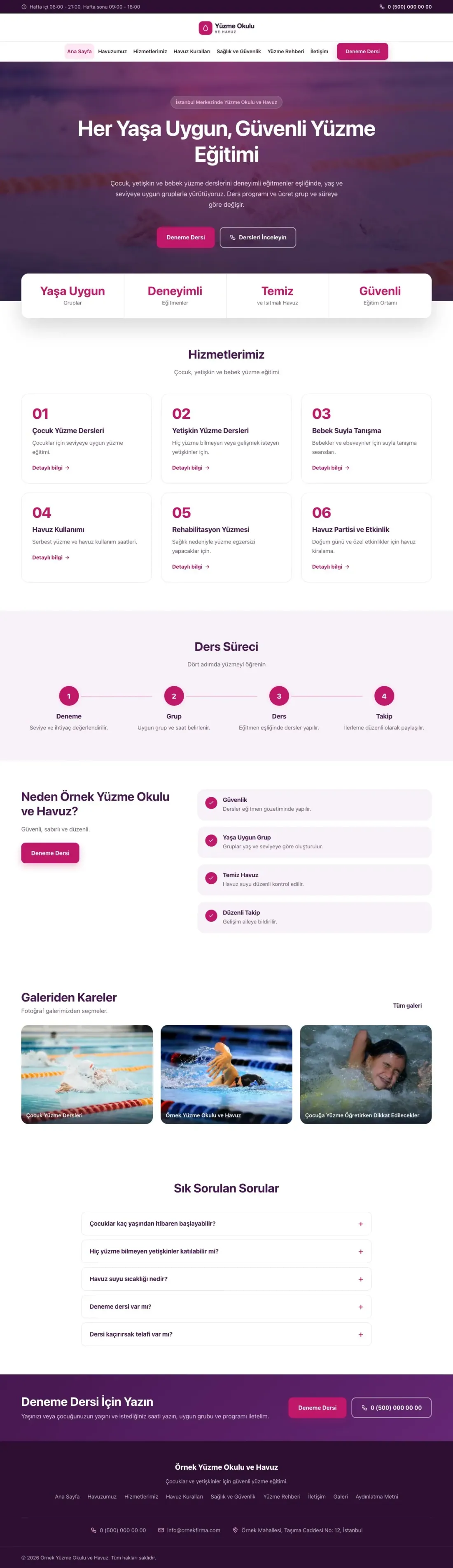 Yüzme Okulu ve Havuz için Merkez Mor Pembe – Yüzme Okulu ve Havuz Web Sitesi ana sayfa görünümü