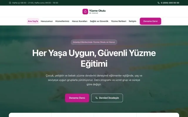 Yüzme Okulu ve Havuz için Merkez Petrol Pembe – Yüzme Okulu ve Havuz Web Sitesi ana sayfa görünümü