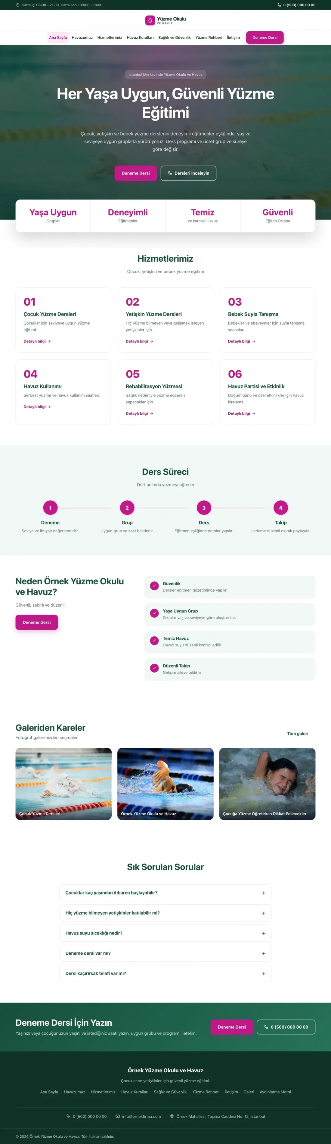 Yüzme Okulu ve Havuz için Merkez Petrol Pembe – Yüzme Okulu ve Havuz Web Sitesi ana sayfa görünümü