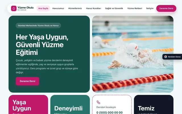 Yüzme Okulu ve Havuz için Mozaik Petrol Pembe – Yüzme Okulu ve Havuz Web Sitesi ana sayfa görünümü