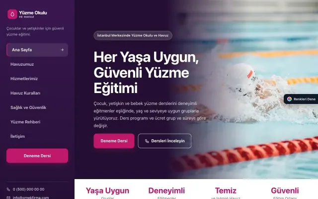 Yüzme Okulu ve Havuz için Sol Menü Mor Pembe – Yüzme Okulu ve Havuz Web Sitesi ana sayfa görünümü
