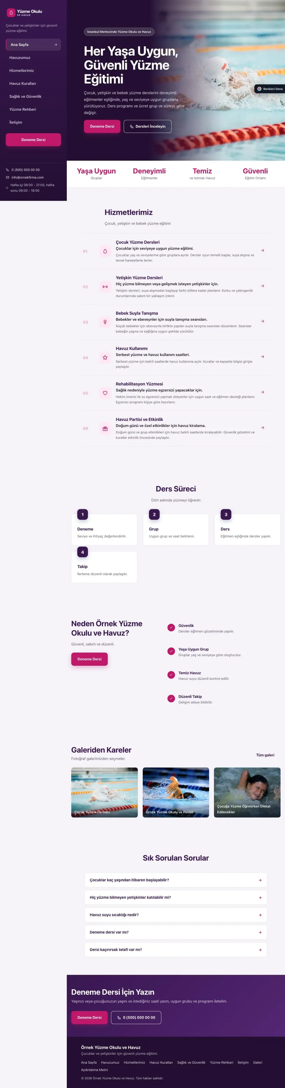 Yüzme Okulu ve Havuz için Sol Menü Mor Pembe – Yüzme Okulu ve Havuz Web Sitesi ana sayfa görünümü