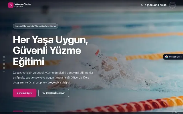 Yüzme Okulu ve Havuz için Tam Ekran Petrol Pembe – Yüzme Okulu ve Havuz Web Sitesi ana sayfa görünümü