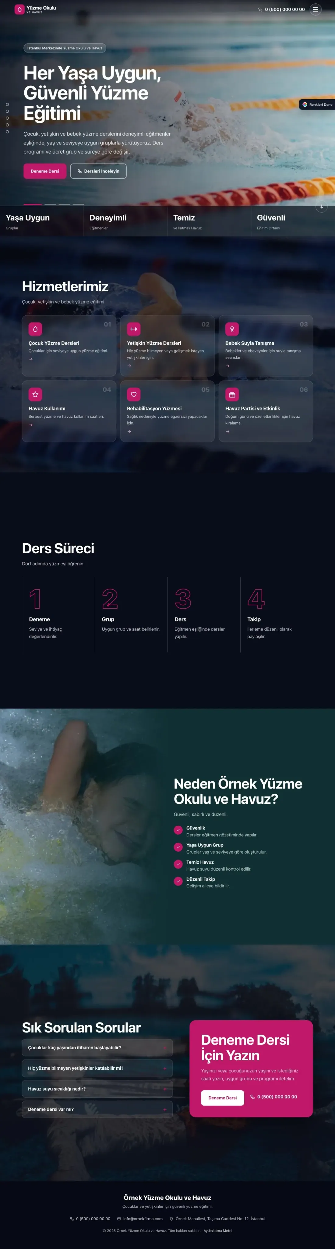 Yüzme Okulu ve Havuz için Tam Ekran Petrol Pembe – Yüzme Okulu ve Havuz Web Sitesi ana sayfa görünümü