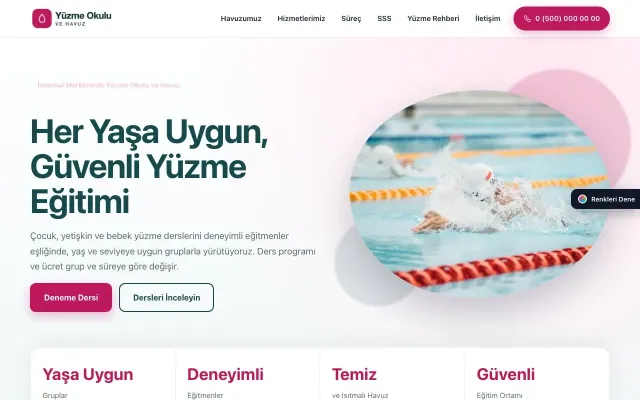 Yüzme Okulu ve Havuz için Tek Sayfa Petrol Pembe – Yüzme Okulu ve Havuz Web Sitesi ana sayfa görünümü