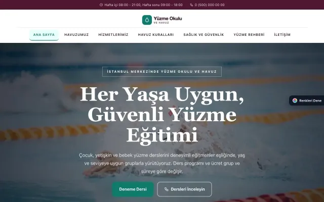 Yüzme Okulu ve Havuz için Zigzag Erik Turkuaz – Yüzme Okulu ve Havuz Web Sitesi ana sayfa görünümü