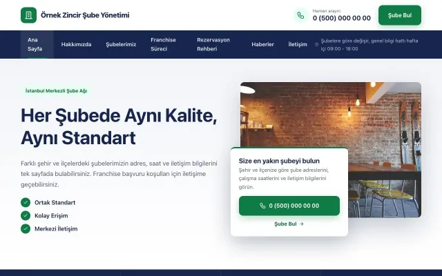 Zincir Şube için Bölünmüş Mavi Yeşil – Zincir Şube Web Sitesi ana sayfa görünümü