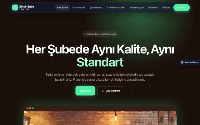 Zincir Şube için Koyu Modern Kahve Yeşil – Zincir Şube Web Sitesi ana sayfa görünümü