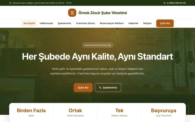 Zincir Şube için Merkez Yeşil Turuncu – Zincir Şube Web Sitesi ana sayfa görünümü