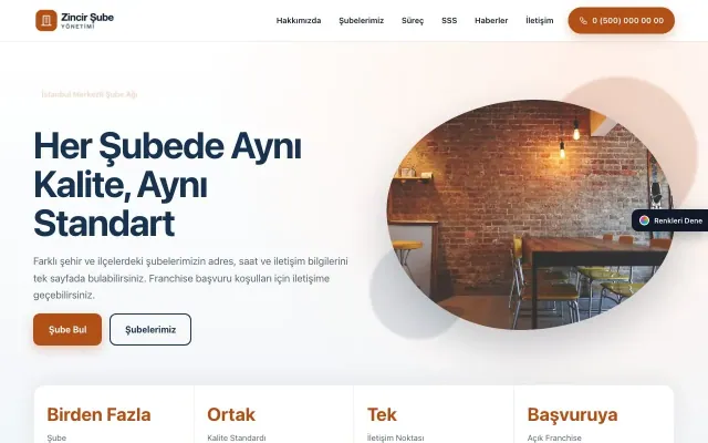 Zincir Şube için Tek Sayfa Mavi Turuncu – Zincir Şube Web Sitesi ana sayfa görünümü
