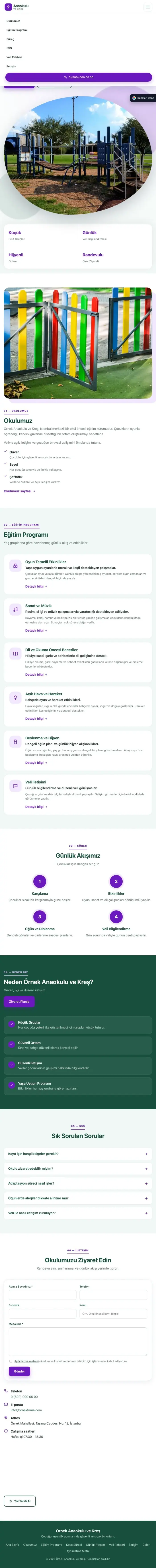 Tek Sayfa Petrol Mor – Anaokulu Web Sitesi tablet görünümü