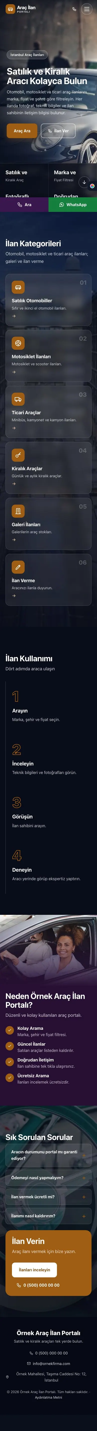 Tam Ekran Mor Turuncu – Araç İlan Portalı Web Sitesi mobil görünümü
