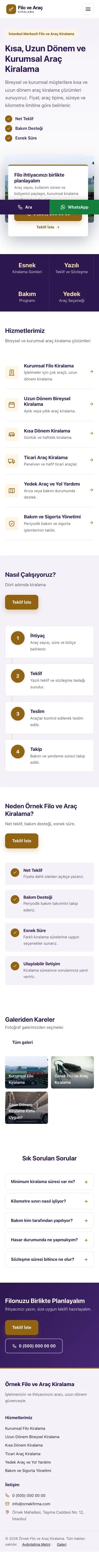 Bölünmüş Mor Turuncu – Araç Kiralama Web Sitesi mobil görünümü