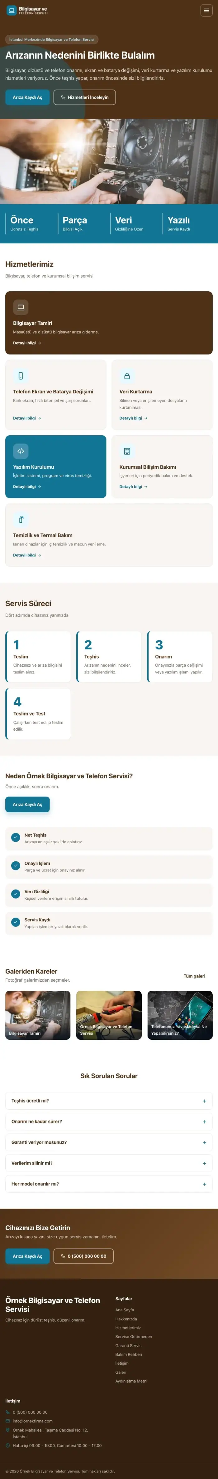 Blok Kahve Turkuaz – Bilgisayar ve Telefon Servisi Web Sitesi tablet görünümü