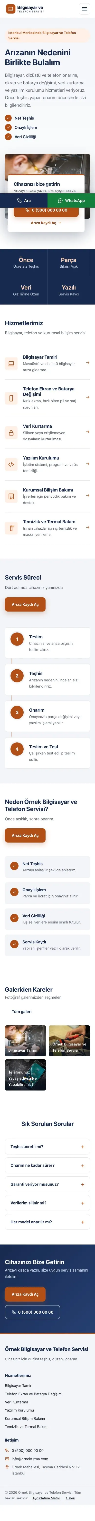 Bölünmüş Mavi Turuncu – Bilgisayar ve Telefon Servisi Web Sitesi mobil görünümü