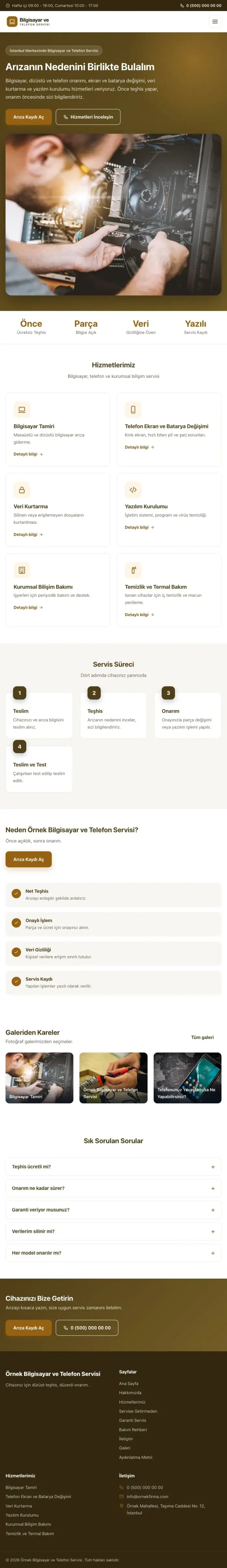Klasik Kahve Turuncu – Bilgisayar ve Telefon Servisi Web Sitesi tablet görünümü