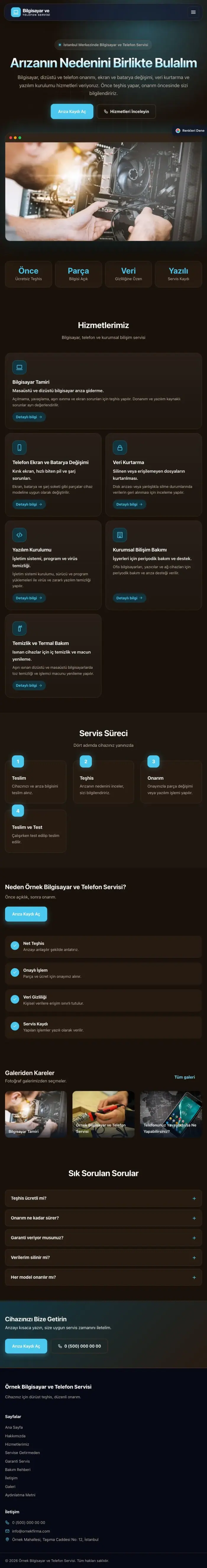 Koyu Modern Kahve Turkuaz – Bilgisayar ve Telefon Servisi Web Sitesi tablet görünümü