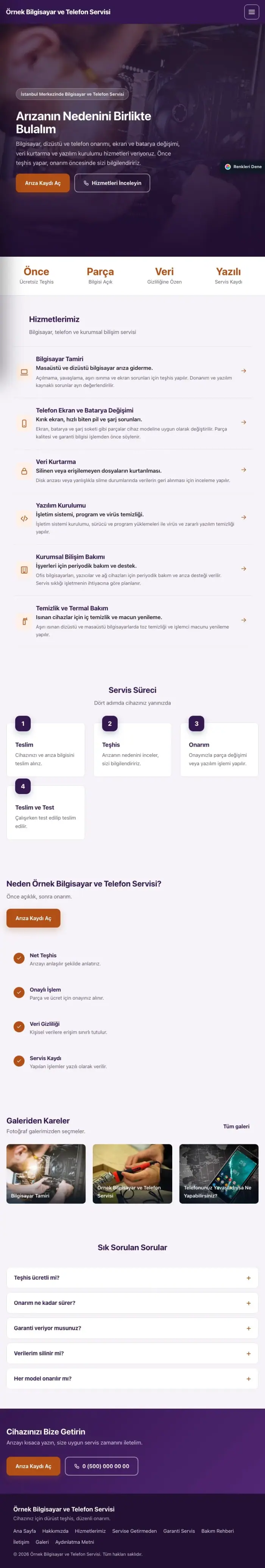 Sol Menü Mor Turuncu – Bilgisayar ve Telefon Servisi Web Sitesi tablet görünümü