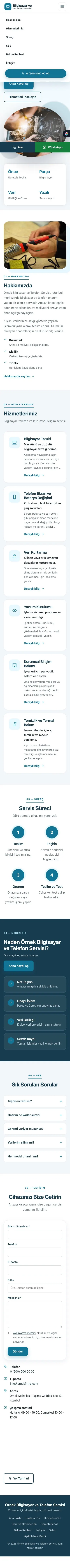 Tek Sayfa Mavi Turkuaz – Bilgisayar ve Telefon Servisi Web Sitesi mobil görünümü