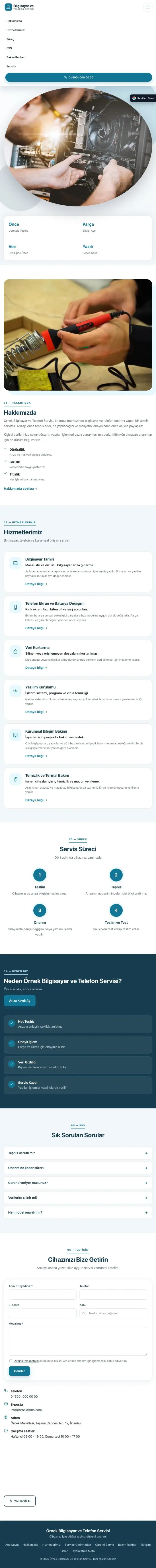 Tek Sayfa Mavi Turkuaz – Bilgisayar ve Telefon Servisi Web Sitesi tablet görünümü