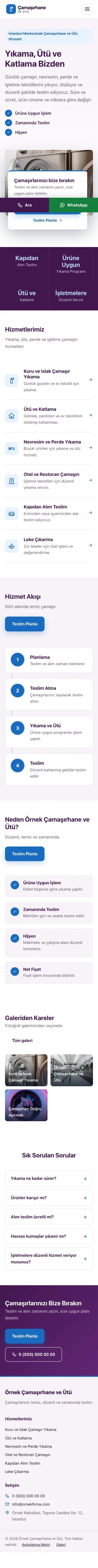 Bölünmüş Mor Mavi – Çamaşırhane ve Ütü Web Sitesi mobil görünümü